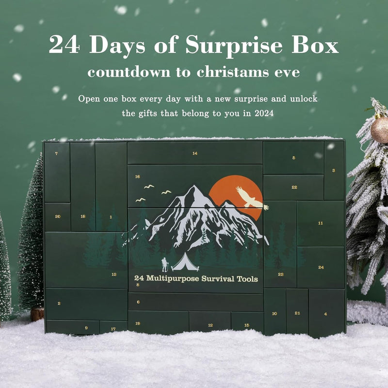 Advent Calendar Survival Kits for Men - 24 Days Christmas Countdown Calendar Emergency Survival Gears Gift for Teen Adult, 2024 Xmas Cool Gadgets for Outdoor Camping Fishing Hunting Adventure