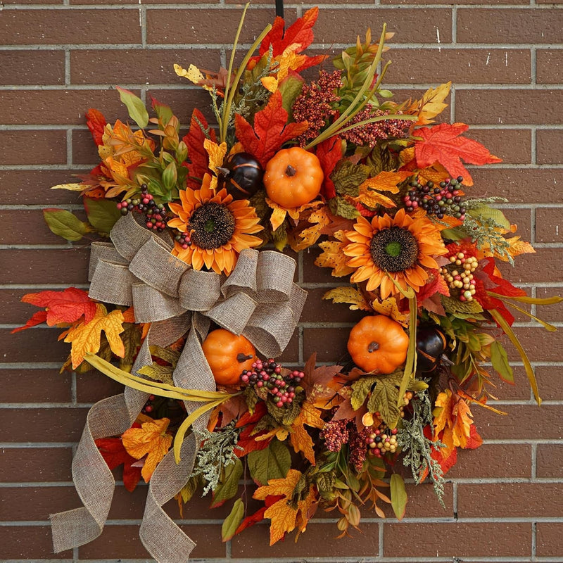 Fall Wreaths for Front Door, Sunflower Autumn Wreath, Pumpkins and Burlap Bows, for Halloween Christmas Farmhouse Indoor Outdoor Outside