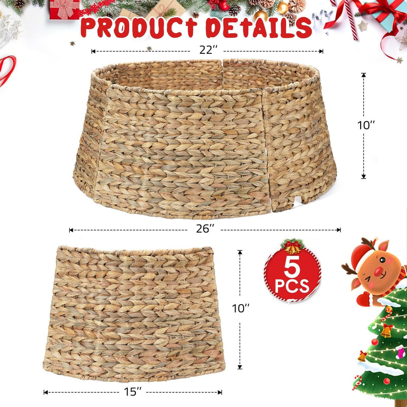 5-Piece Rattan Christmas Tree Collar - 26" Rustic Farmhouse Tree Skirt- Xmas Tree Base Cover for Christmas Decoration- Woven Holiday Tree Ring Accessory for Home, Living Room (Natural)