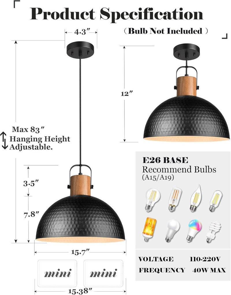 ELYONA Large Pendant Light Fixtures, 16 Inch Wood Dome Ceiling Hanging Lamp with Hammered Metal Shade, Black Modern Chandelier for Kitchen Island, Bar, Farmhouse, Dining Room, Hallway