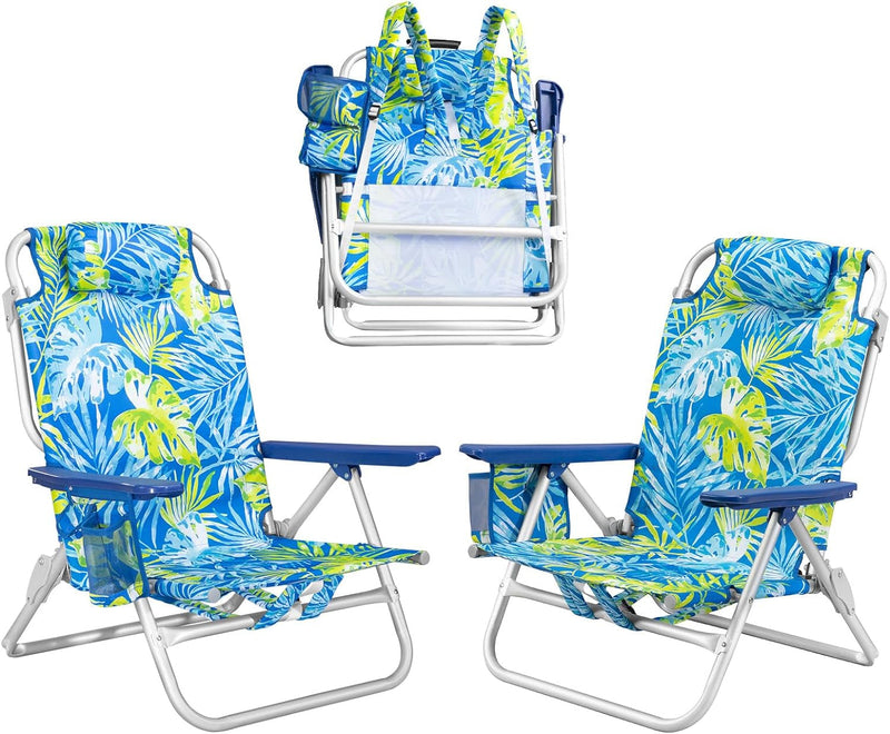 Backpack Beach Chairs for Adults - Folding Heavy Duty Camping Chair with Storage Pouch, Cup Holder & Towel Rack, Lightweight & Adjustable Chair for Outdoor,Travel (2Pcs / Tropical Foliage)