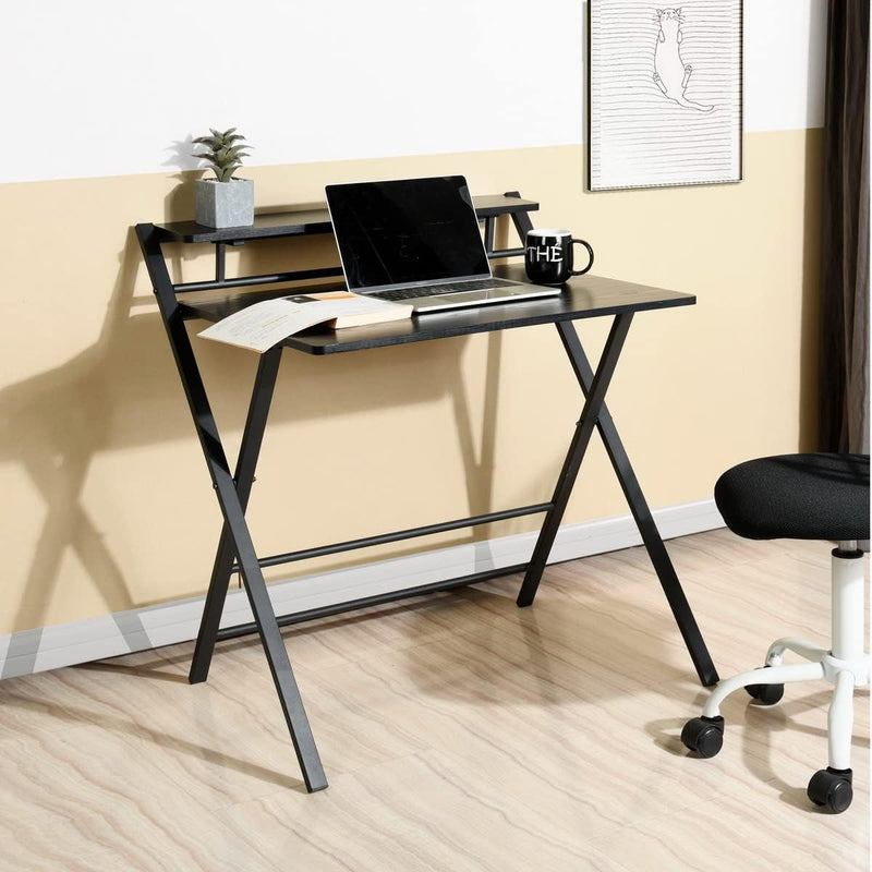 Furniturer 32.1'' Folding Desk, 2 Tier Foldable Writing Table Assembled Saves Space for Home Office Study, Metal Frames/Wood Top Laptop Table Computer Desk, Black