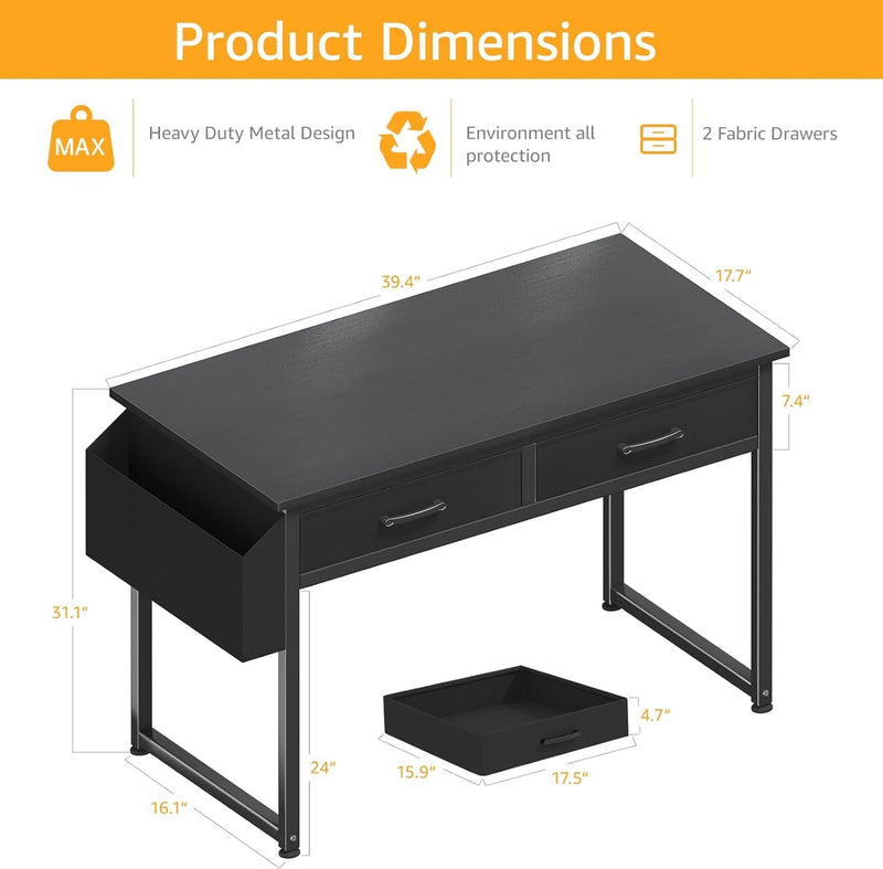 Computer Desk with Fabric Drawers for Home Office Bedroom, 40 Inch Small Gaming Desk with 2 Drawers, Study Writing Table PC Desks, Black