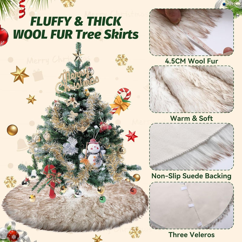 36 Inch Wool Fur Christmas Tree Skirt Thick Plush White and Brown Tree Skirt Christmas Tree Decoration for Xmas Home Party Holiday Decor