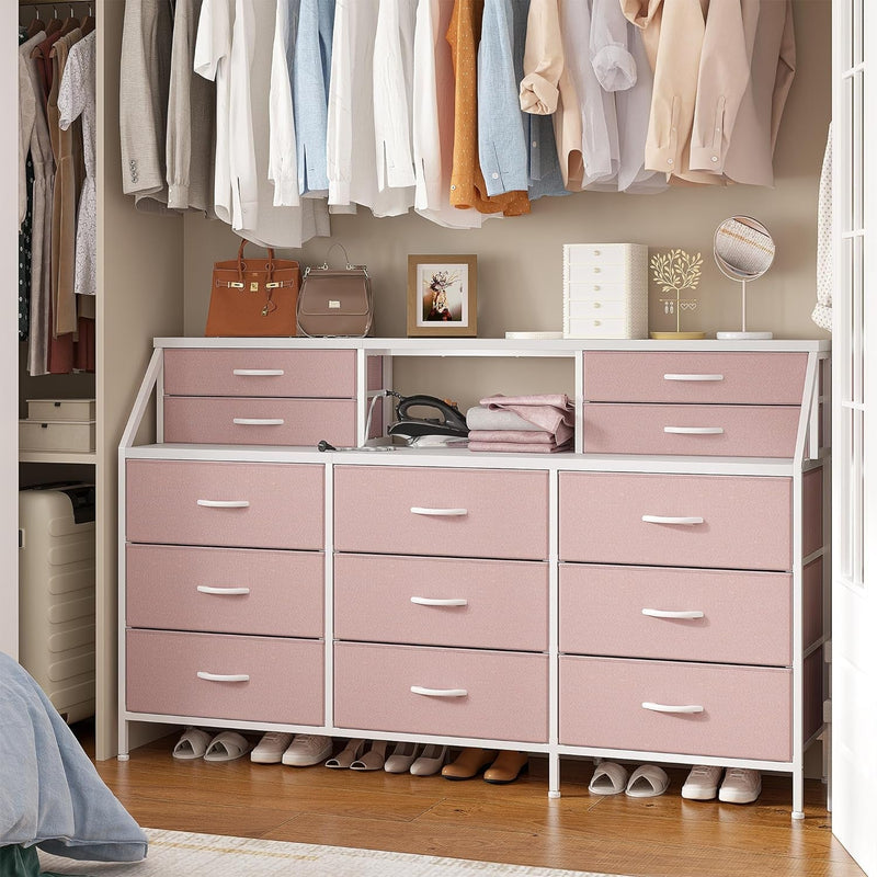 Enhomee 55”W Dresser for Bedroom, Pink Dresser for Girls Bedroom, Dresser with 13 Large Drawer, Dressers & Chests of Drawers, Bedroom Dresser with 2 Shelves, Long Dresser for Closet