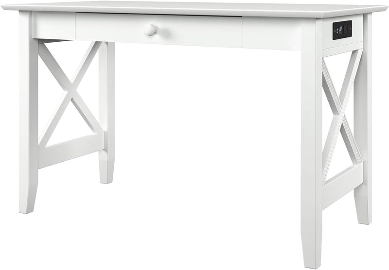 AFI 48" Solid Wood Writing Desk - Sturdy X Design - Home Office Desk with Drawer, Laptop Computer Work Study Table with USB Charger White