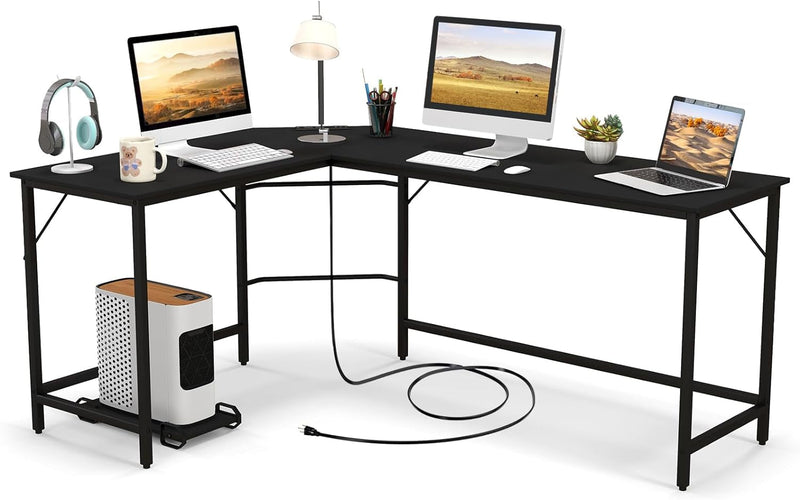 Giantex L-Shaped Desk with Power Outlet, 66" Computer Corner Desk with CPU Stand & Heavy-Duty Metal Frame, Large Gaming Desk Writing Study Desk, Space-Saving Home Office Workstation (Black)