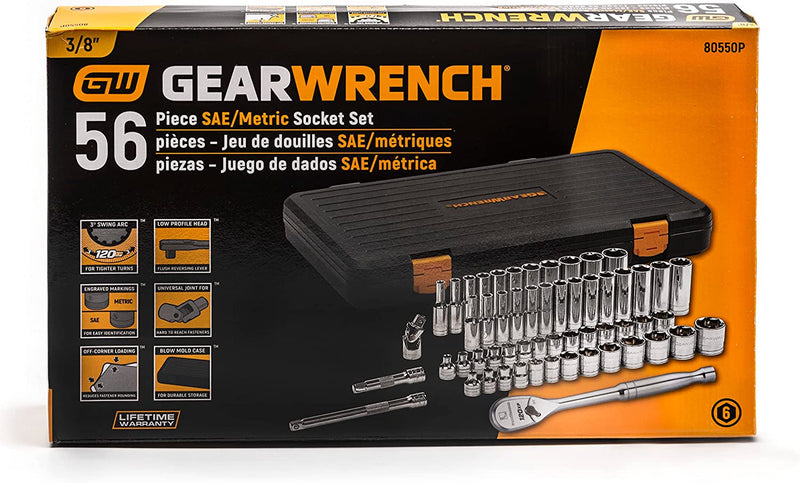 GEARWRENCH 56 Pc. 3/8" Drive 6 Pt. 120XP Mechanics Tool Set, Standard & Deep, Sae/Metric - 80550P