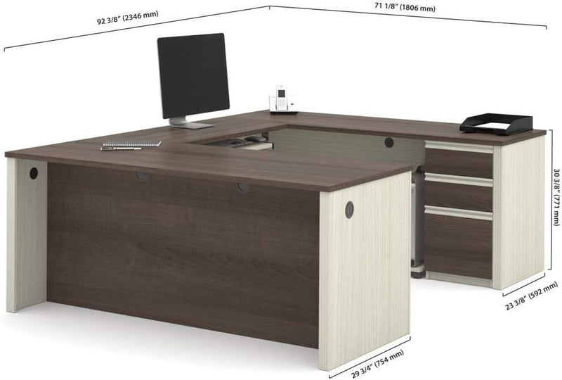 Bestar Prestige + U-Shaped Executive Desk with Pedestal, 72W, White Chocolate & Antigua