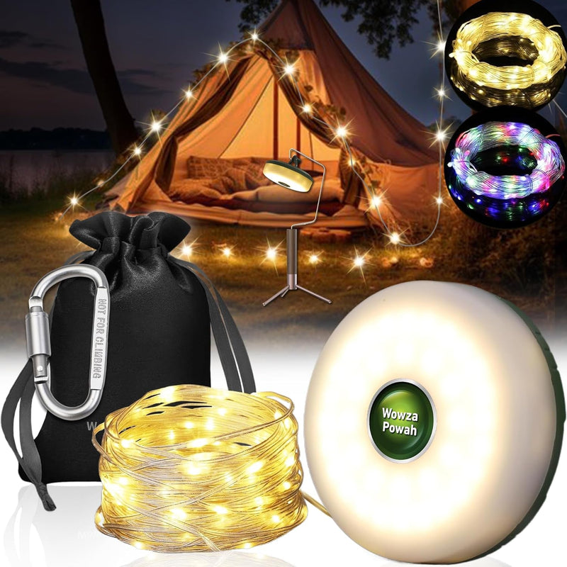 2 in 1 Camping String Lights Set - Outdoor Portable Stowable Camping Lights String & Lanterns, 8 Modes (32.8Ft) Retractable Camping Essentials Waterproof Camp Lights for Tent, Yard, Hiking