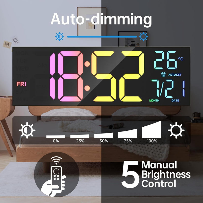 Digital Wall Clock Large Display, 13" Large Digital Wall Clock with RGB Color Remote Control, Automatic Brightness Dimmer Big Clock with Night Lights, Auto DST, Date Week,Perfect for Gift