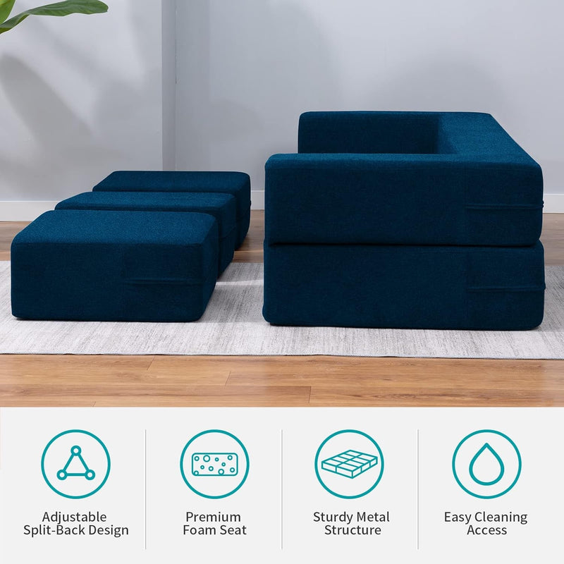 BALUS Folding Bed Couch, Sleeper Foam Sofa Bed, Cushioned Foam Mattress Comfortable Sofa, Floor Couch Sleeper Sofa Foam with 3 Ottomans for Living Room/Bedroom/Guest Room/Home Office (Blue)