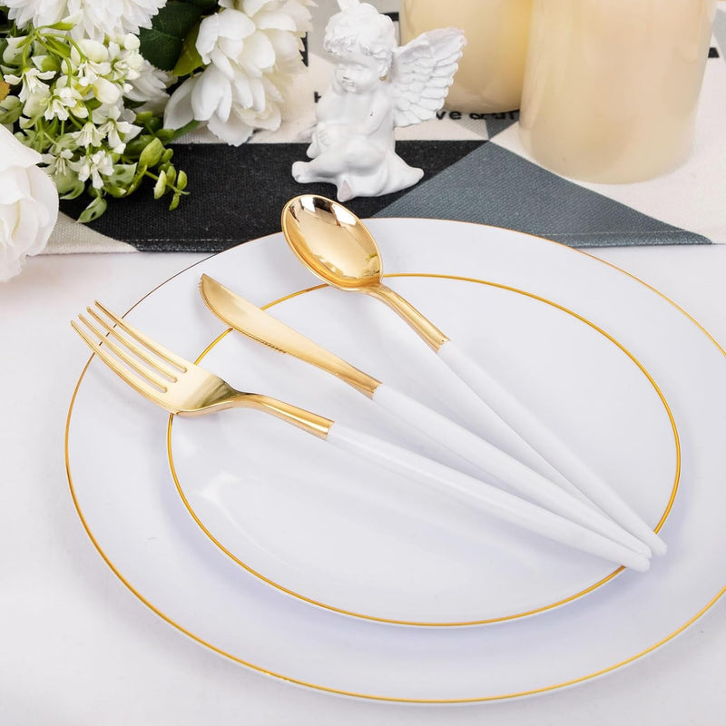 Dayammi 30 Guests Gold Plastic Plates with Disposable Silverware,Gold Cutlery with White Handle,White&Gold Disposable Dinnerware:60 Plastic Plates Gold Rim,90 Plastic Silverware Set for Party Wedding