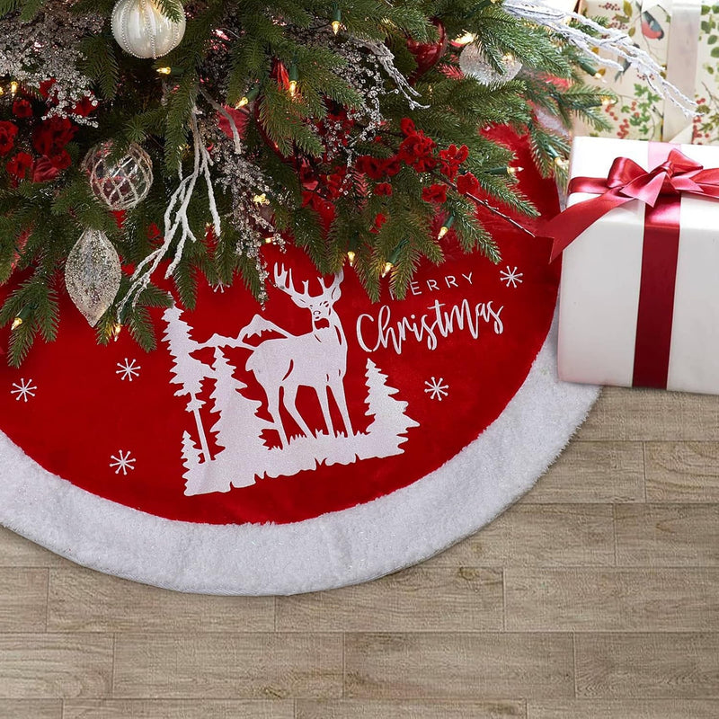 Christmas Tree Skirt, 32 Inch Red Velvet Tree Skirt with Embroidered Reindeer Moose Snowflakes White Trim Border, Holiday Party Tree Decorations