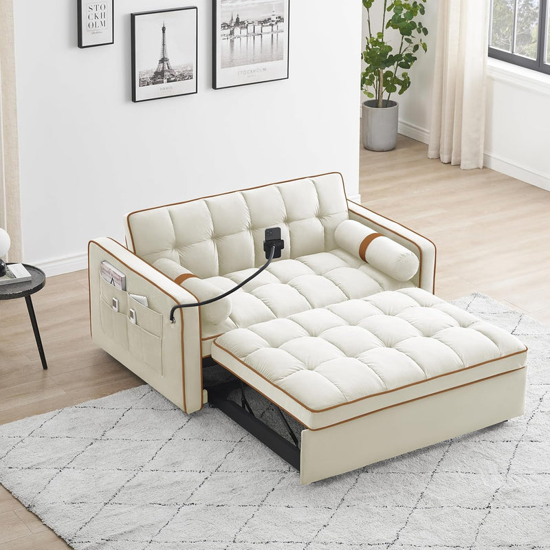 55" Convertible 3 in 1 Sofa Bed with Adjustable Backrest, Velvet Couch Living Room Loveseat W/Usb Ports and 2 Pillows, Cup Holder, Side Pocket for Apartment Small Space, 55.2 Inch, Beige