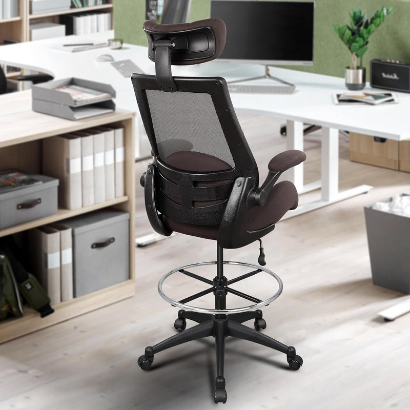 BOLISS 400Lbs High-Back Mesh Ergonomic Drafting Chair,Tall Office Chair, Standing Desk Chair,Adjustable Headrest,With Flip-Up Arms,Lumbar Support Swivel Computer Task Chair-Brown