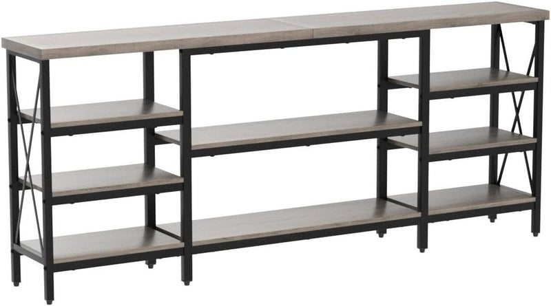 70 Inch Console Table, Extra Long & Sturdy Entryway Table with Metal, Couch Table/Sofa Table with 9 Tier Storage for Hallway, Entryway & Living Room, Grey Wash