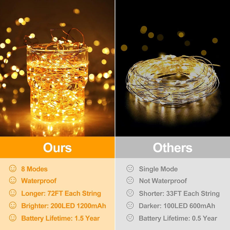 Extra-Long 288FT Solar Fairy String Lights, 4-Pack Each 72FT 200 LED Outdoor Twinkle Lights Waterproof, 8 Lighting Modes, Warm White Copper Wire Lights for Deck Backyard Tree Garden Fence Pool Party