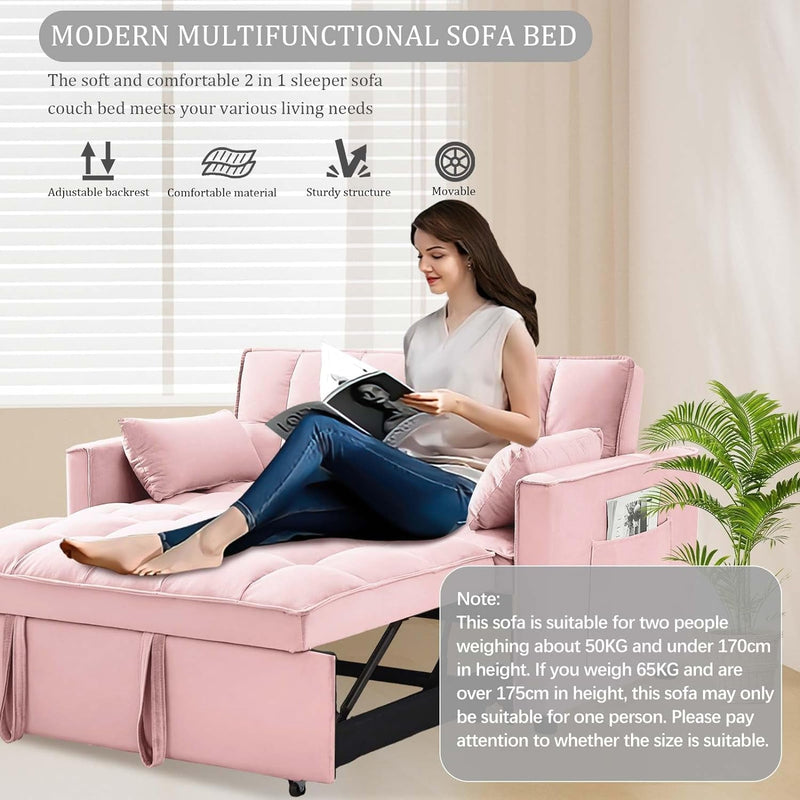 3 in 1 Sleeper Sofa Couch Bed, Velvet Convertible Loveseat Sleeper Sofa with Adjustable Backrest and Pillows, Pull Out Loveseat Sleeper with Storage Pockets for Living Room Office, Pink