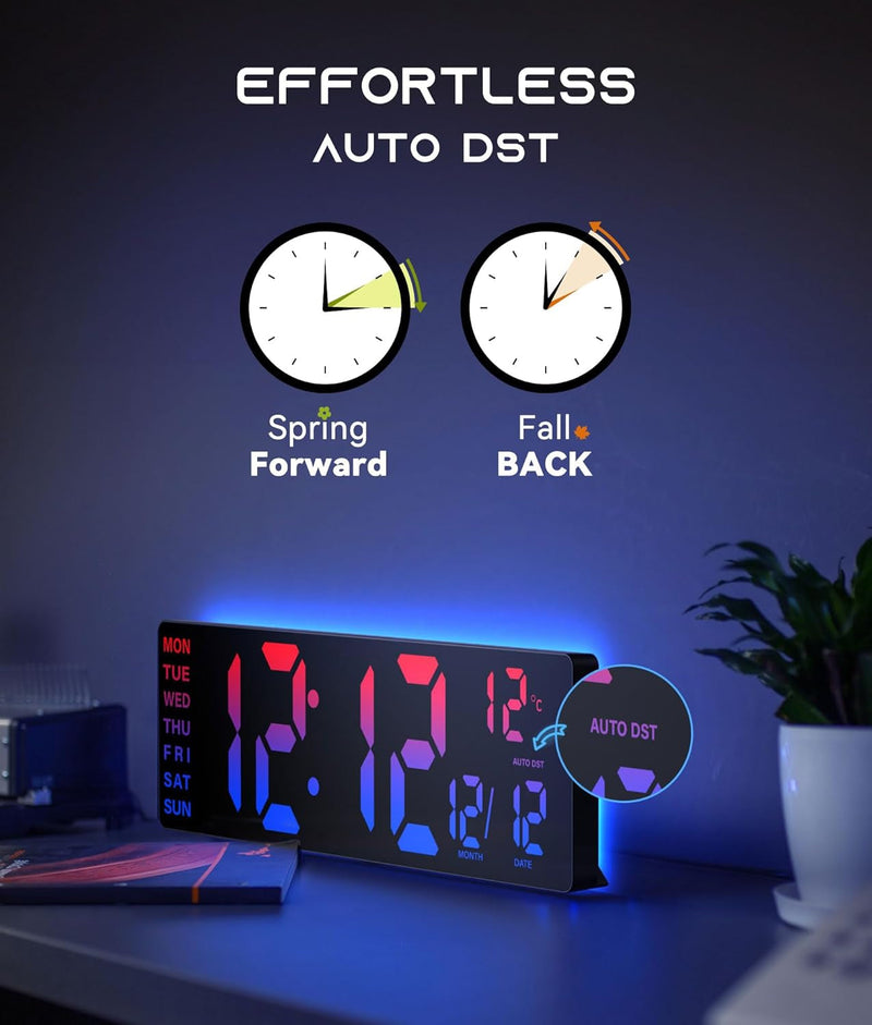 16.5" Large Digital Wall Clock with Remote Control, RGB Atmosphere Lights with 11 Scenes Mode, Dual Alarms with Big LED Display, Auto DST, Temperature for Living Room Gaming