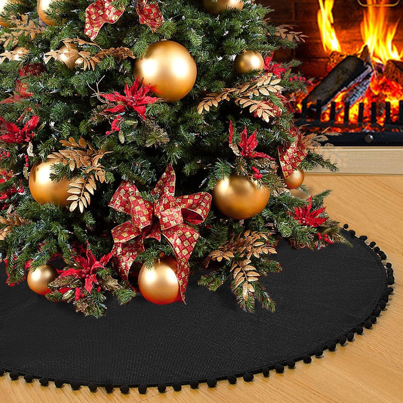 Christmas Tree Skirt, Black Christmas Tree Skirt 30 Inches Soft Double Layer Burlap Tree Skirt with Pom Pom for Rustic Christmas Halloween Decorations