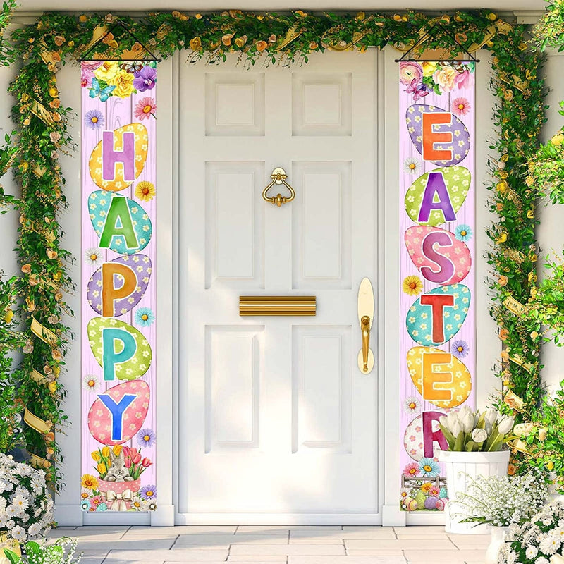 FARMNALL Easter Porch Banner Bunny Egg Rabbit Daisy Party Front Door Sign Wall Hanging Spring Decorations and Supplies for Home Office Farmhouse Holiday Decor Home & Garden > Decor > Seasonal & Holiday Decorations FARMNALL   
