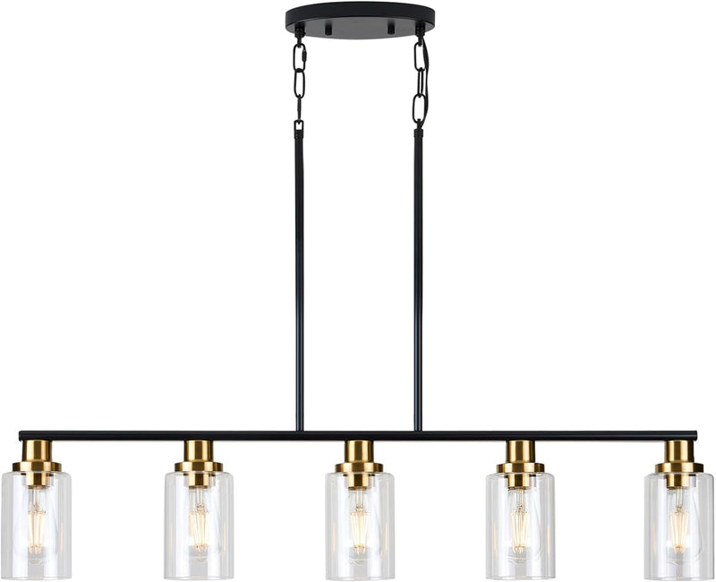 Dining Room Light Fixture,5-Light Farmhouse Linear Chandeliers for Dining Room over Table，Matte Black and Gold Finish Kitchen Island Pendant Lighting for Kitchen Island，Pool Table Light