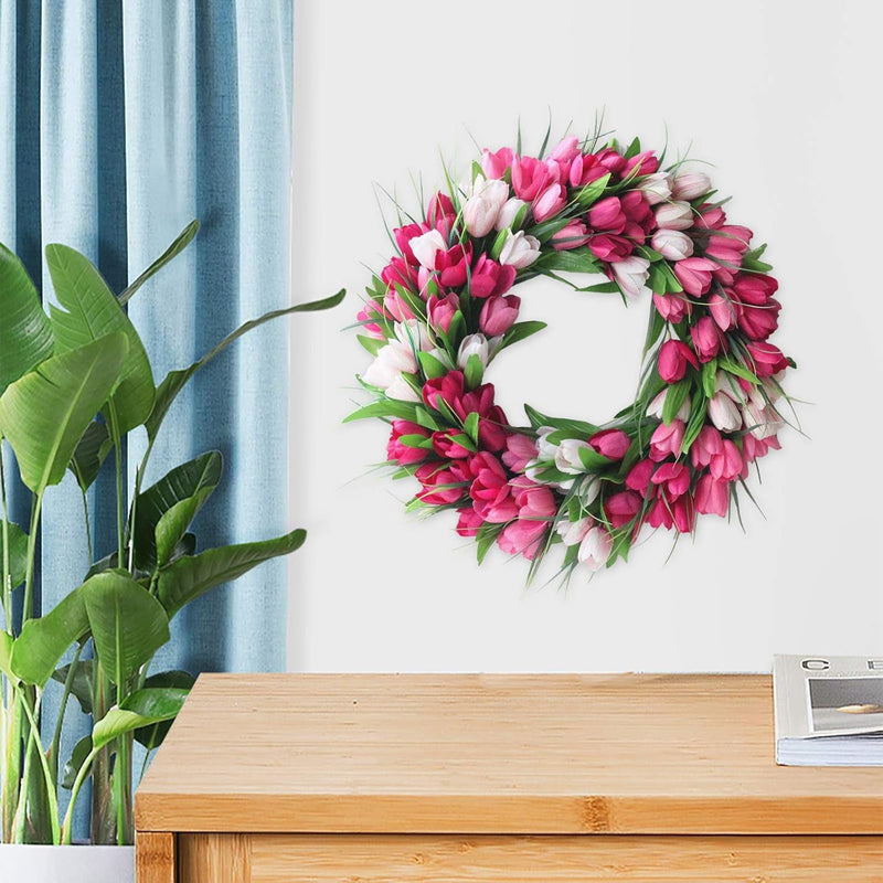 19.7 Inches Artificial Tulip Flower Wreaths Pink Tulip Front Door Wreath Fake Flower Wreaths for Spring, Summer, Winter, Home, Wedding, 210106QY01-31-1716178281