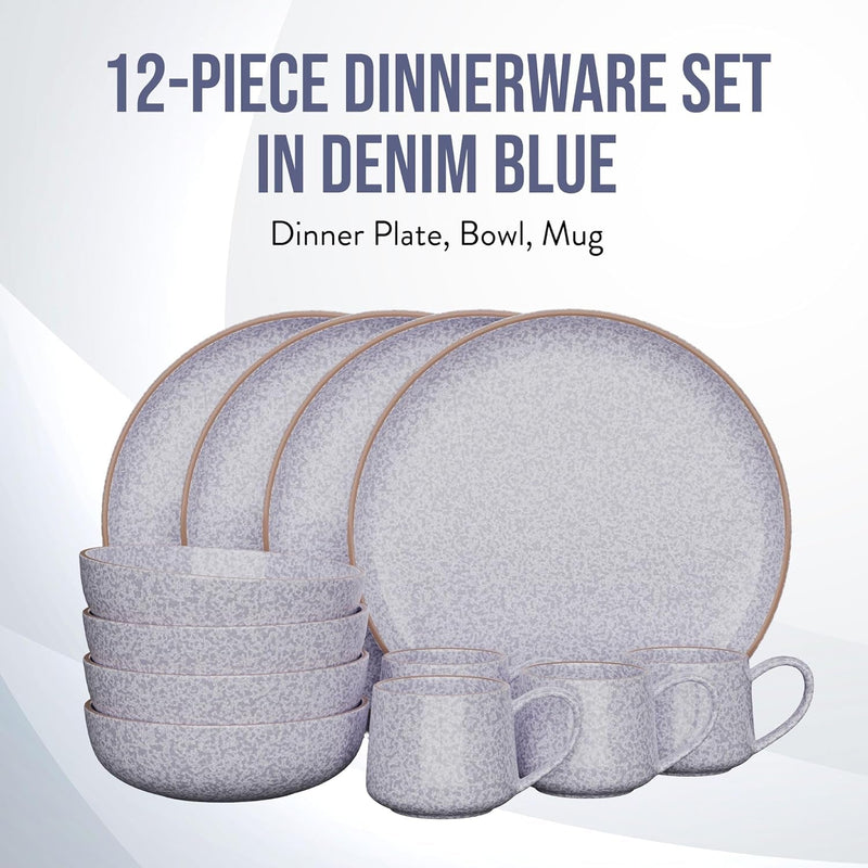 American Atelier 12 Pc Dinnerware Set | Stoneware Dishes | Dinner Plate, Side Plate, Bowl, and Mug | Service for 4 | Plate and Bowl Set | Microwave and Dishwasher Safe (Denim Blue)