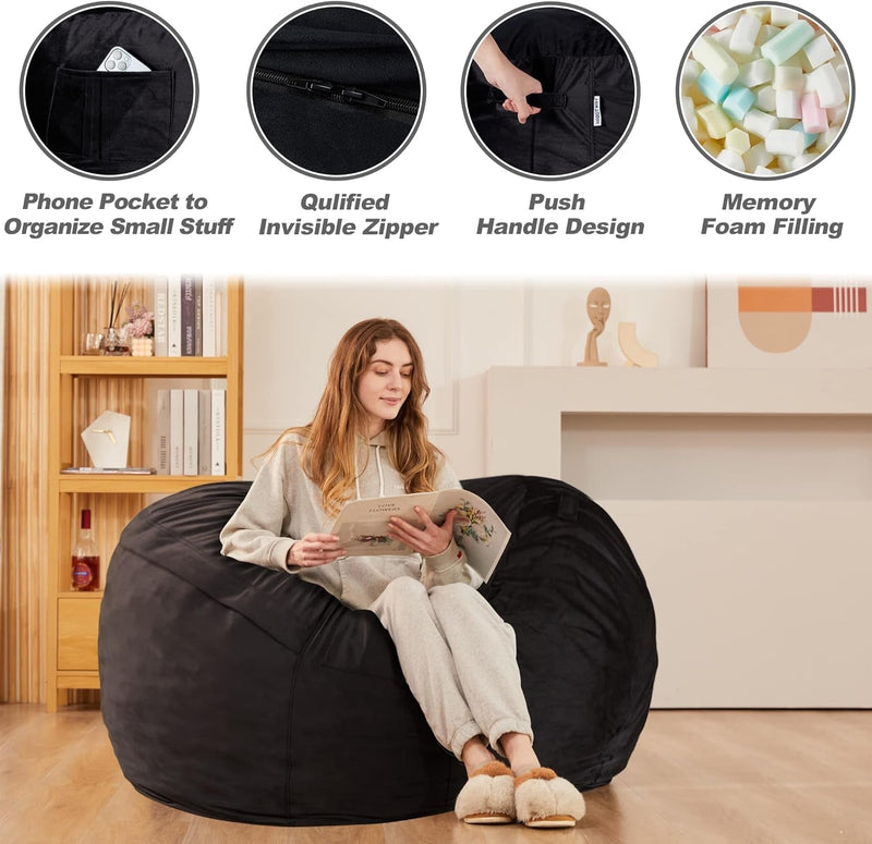 HABUTWAY Bean Bag Chair 3Ft Luxurious Velvet Ultra Soft Fur with High-Rebound Memory Foam Bean Bag Chairs for Adults Plush Lazy Sofa with Fluffy Removable Sponge 3'(Black New)