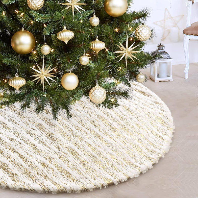 Alynsehom Christmas Tree Skirt, Large White&Gold Bronzing Luxury Faux Fur Tree Skirt Soft Thick Plush Xmas Tree Skirt for Family Holiday Christmas Party Tree Decorations(Gold,36Inch/90Cm)