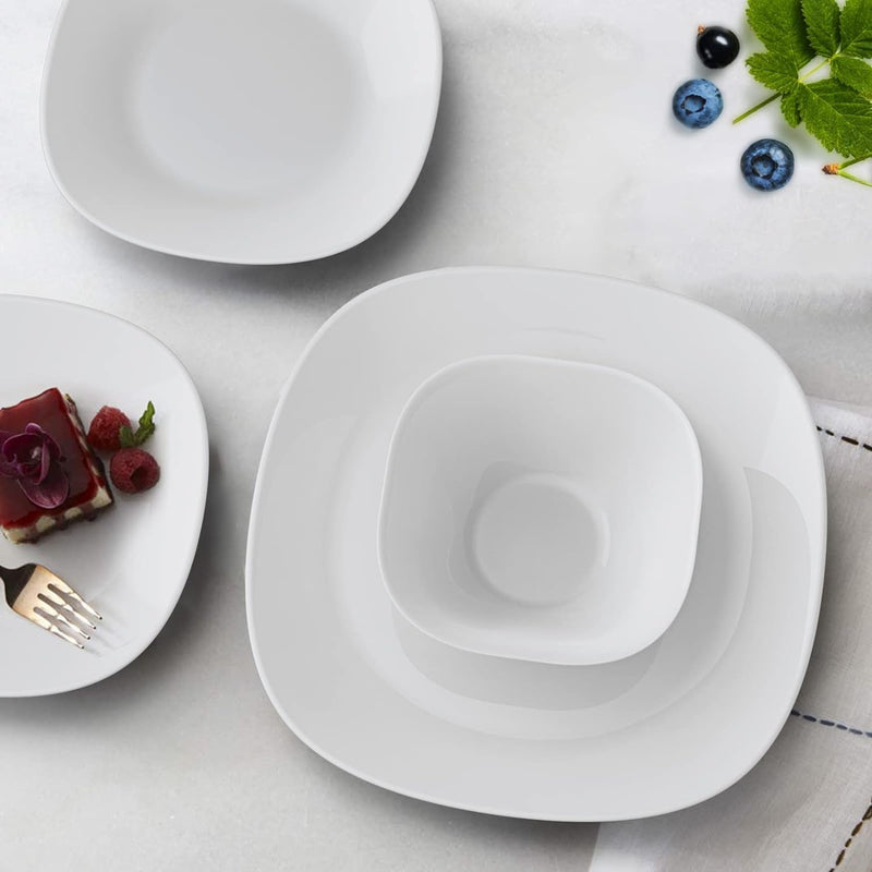 Dinnerware Set, MEKY 18-Piece Opal Dishes Sets Service for 6,Square Plates and Bowls Set-White