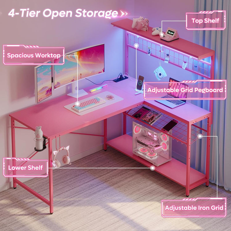 Bestier L Shaped Gaming Desk with Power Outlets, 51 Inch LED Computer Desk Reversible Corner Desk with Metal Grid Pegboard and 4 Tiers Storage Shelves, Modern Writing Desk for Home Office, Pink