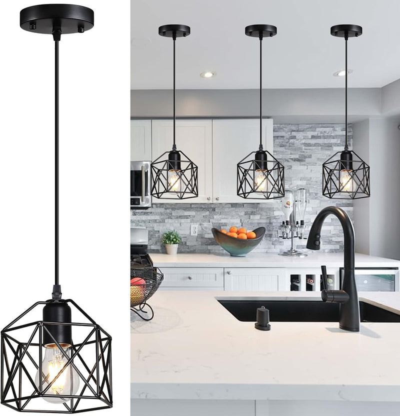 1 Pack Pendant Light ， Vintage Hanging Light Pendant Light Fixture ， Metal Pendant Light 1 Light，Black Modern Kitchen Island Pendant Lighting Metal Cage Shade for Dining Room ，Kitchen E26