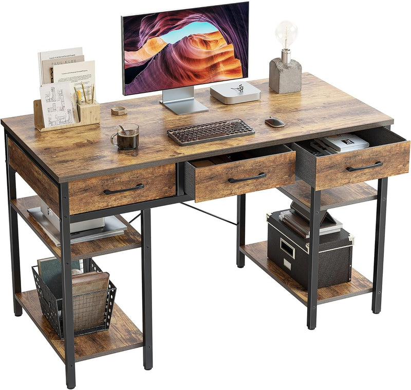 Cubicubi 47 Inch Computer Desk with 3 Drawers and Storage Shelves, Small Home Office Desk, Study Writing Table, Simple Desk for Bedroom, Rustic Brown