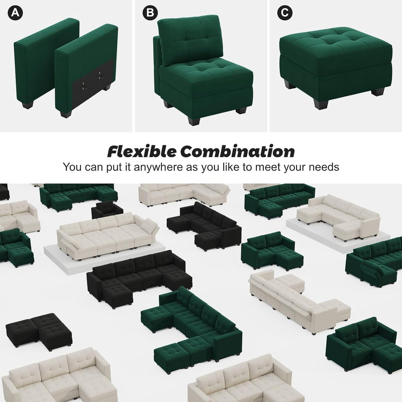 Belffin Velvet Middle Module Seat for Modular Sofa Sectional Couch with Storage Armless Sofa Chair Green