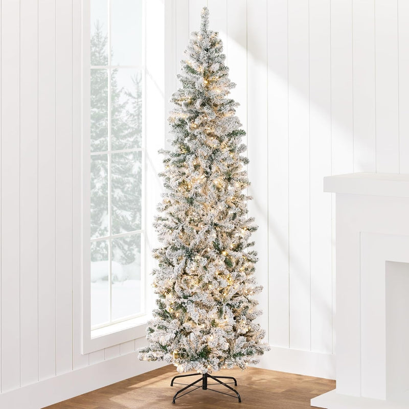 Best Choice Products Beflockter Weihnachtsbaum in Bleistiftform, schmale künstliche Weihnachtsdekoration mit Beleuchtung, 1,47 m, mit Sockel und warmweißen Lichtern