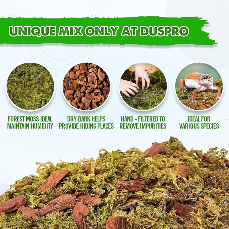 Duspro Reptile Bedding Forest Moss Mix Pine Bark, Substrate for Reptile Tank, Floor Bedding for Reptiles, Snake Tortoise Bedding, Leopard Gecko Substrate, Terrarium Moist Moss