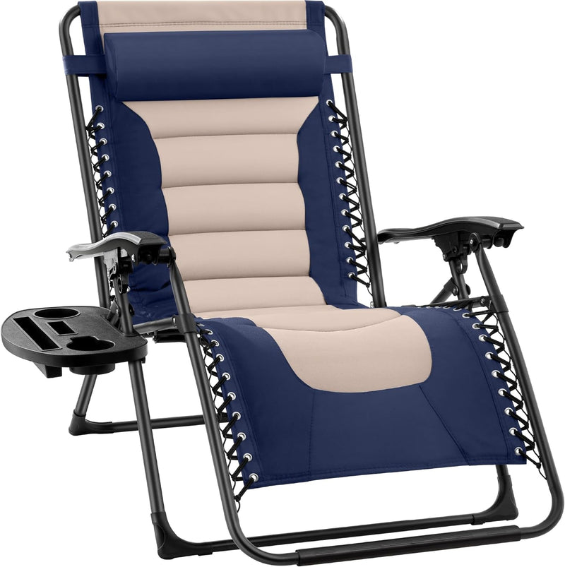 Best Choice Products Oversized Padded Zero Gravity Chair, Folding Outdoor Patio Recliner, XL anti Gravity Lounger for Backyard W/Headrest, Cup Holder, Side Tray, Polyester Mesh - Black/Blue