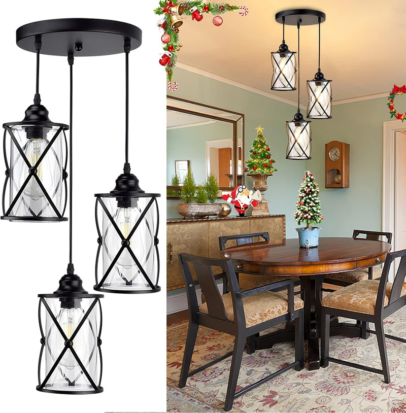 DLLT 3-Light Industrial Pendant Light, Black Metal Cage Hanging Chandelier Lights with Glass Shade, Vintage Style Flush Mount Swag Lighting Fixture for Kitchen/Dining Room/Hallway/Bedroom, E26 Base