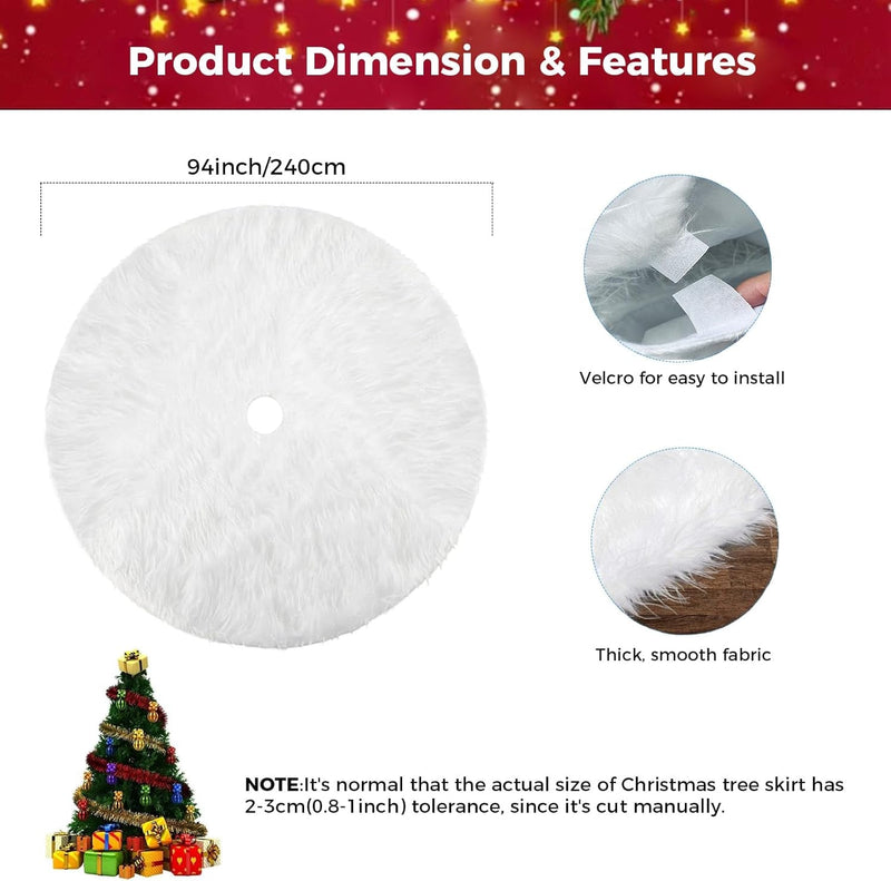 94 Inch Christmas Tree Skirt, Extra Large Snowy White Faux Fur Tree Skirt, Luxury Soft Plush Skirt for Merry Christmas Party Tree Decoration