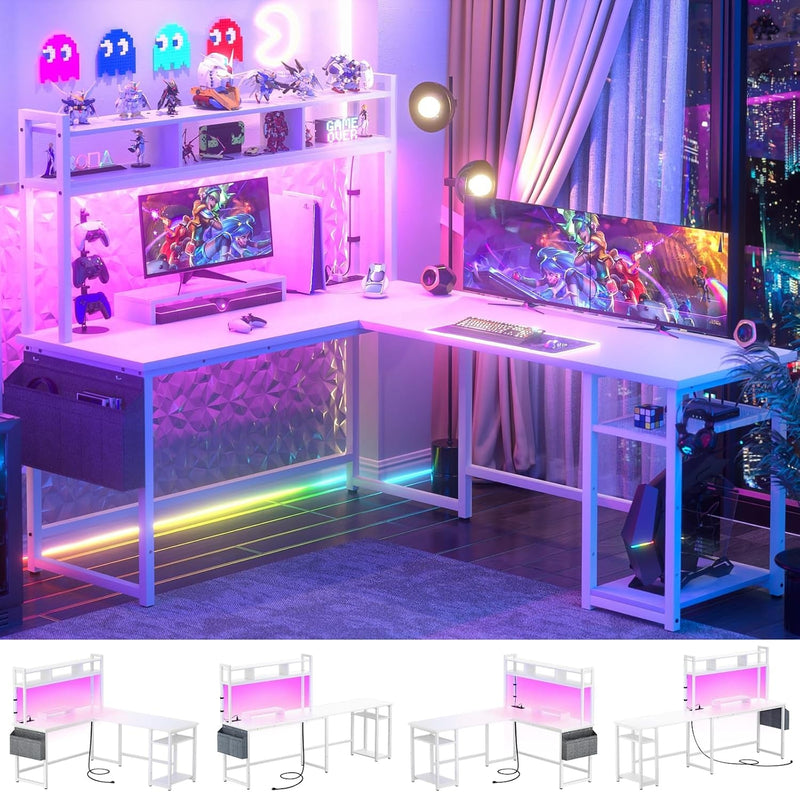 Aheaplus L Shaped Gaming Desk, 59" Reversible Gaming Desk with Power Outlet and Led Lights, L Shaped Computer Desk with Storage Shelves & Monitor Stand, Home Office Desk L Shaped Corner Desk, White