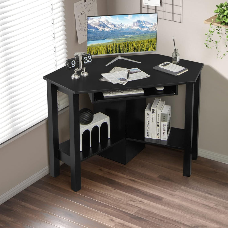 Corner Computer Desk with Keyboard Tray & Shelves, 48”(L) Space Saving Corner Desk for Home Office, L-Shaped Writing Table Workstation Vanity Desk for Bedroom (Black)