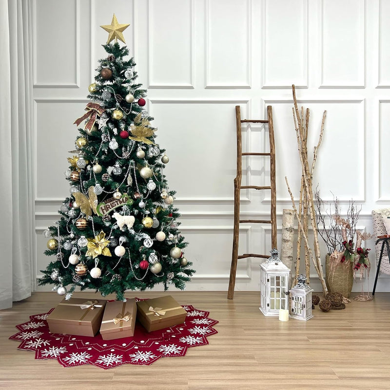 60-Inch Wavy Edged Reversible Knit Christmas Tree Skirt: Burgundy & White Snowflake Pattern with Lace Ties