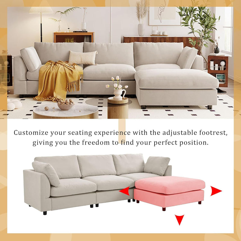 113" Sectional Sofa Couch for Living Room L-Shape Sofa Couch with Ottoman, Upholstered 4-Seat Sofa Couch Fabric Couch Set for Apartment Office Beige