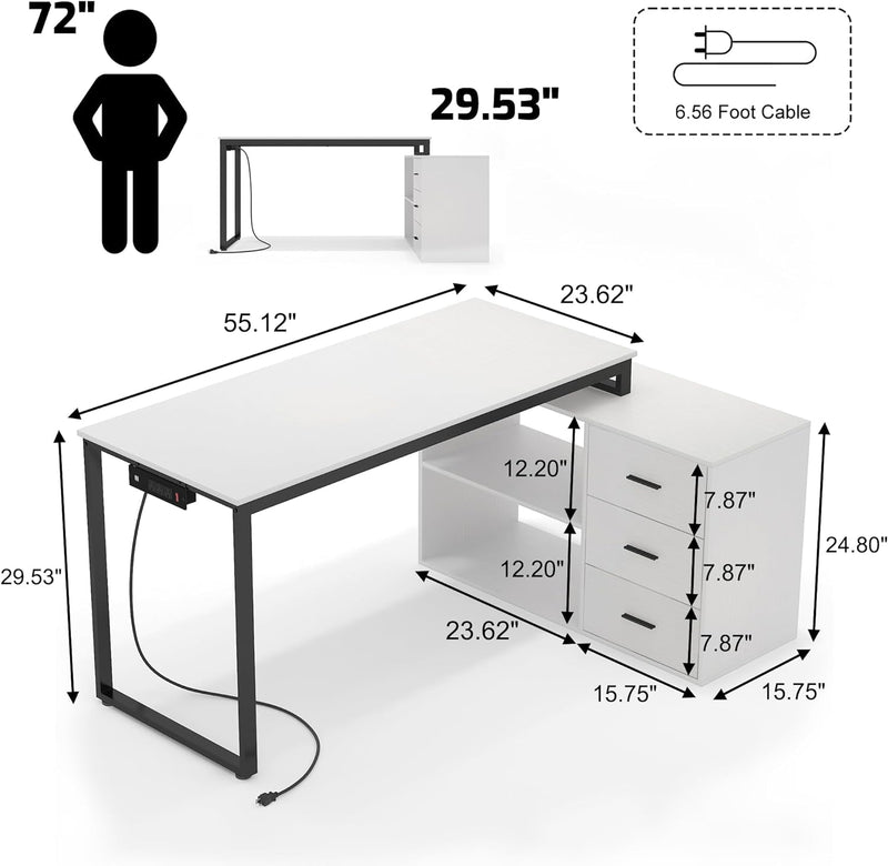 Computer Desk with Drawers and Shelves,55 Inch Large L Shaped Office Desk with Storage,Writing Study Desk with Power Outlets,Corner White Gaming Desk for Home Office