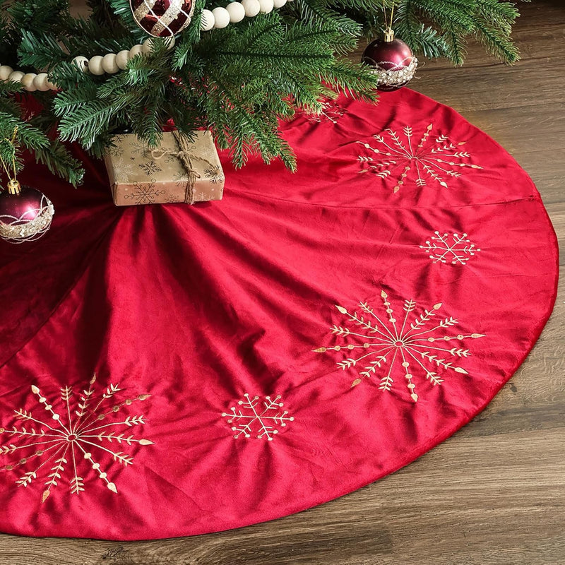 Christmas Tree Skirt, 60 Inch Red Christmas Tree, Large Rustic Velvet Fur Plush Tree Skirts, Xmas Tree Skirts with Gold Embroidered Holly Leaf for Christmas Tree Decorations