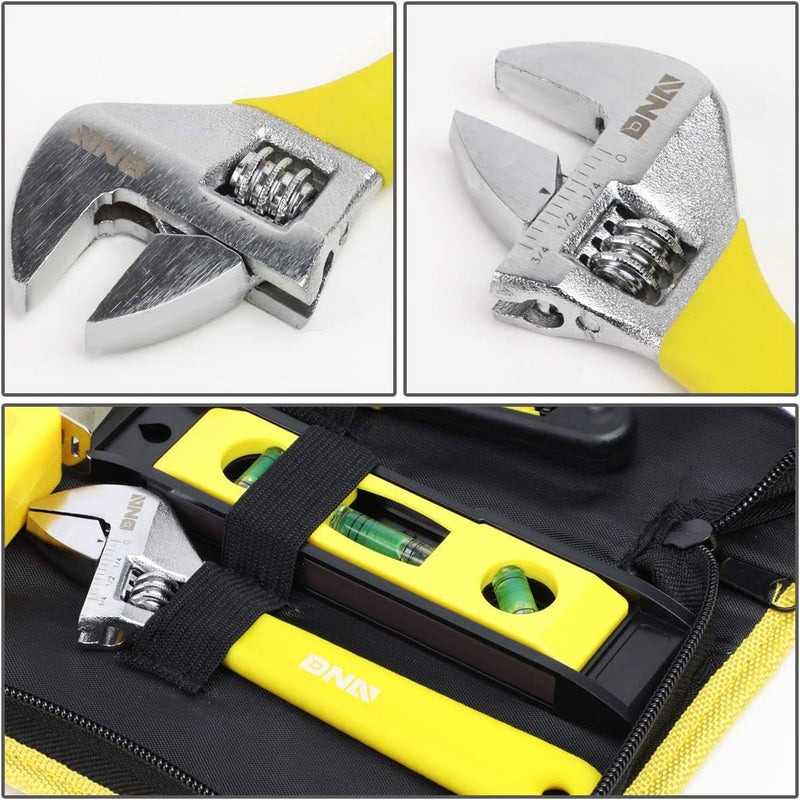 DNA Motoring TOOLS-00029 16 Piece Mechanic'S Home Repair Tool Set with Carrying Case, Includes Pliers, Wrench, Hex Key, Screwdriver, Spirit Level, and Tape Measurer, 1 Set, Yellow/Black