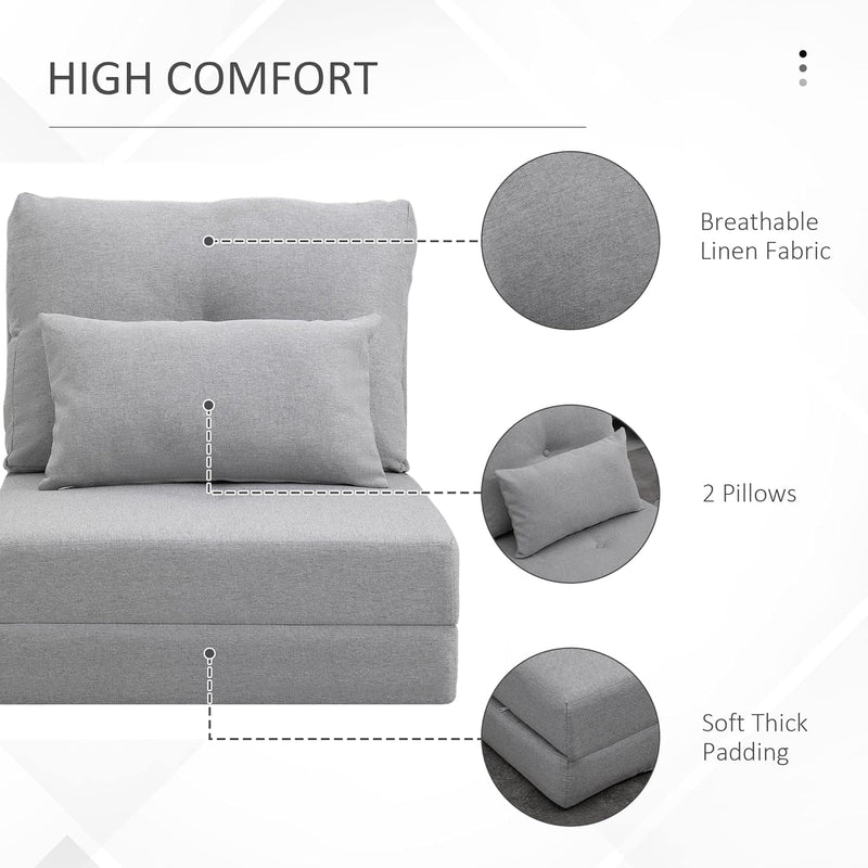 HOMCOM Convertible Flip Chair, Floor Lazy Sofa, Folding Upholstered Couch Bed with Adjustable Backrest, Metal Frame and Pillows for Living Room Bedroom, Light Grey