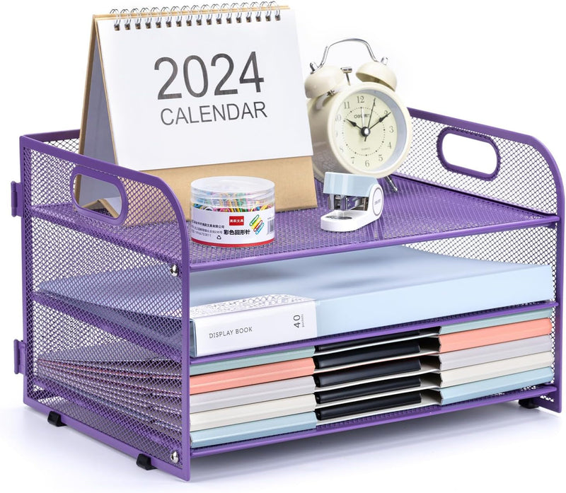 3-Tier Letter Tray Paper Organizer with Handle,Compact Mesh Desk File Organizer for Home Office Supplies Desktop Accessories,Purple